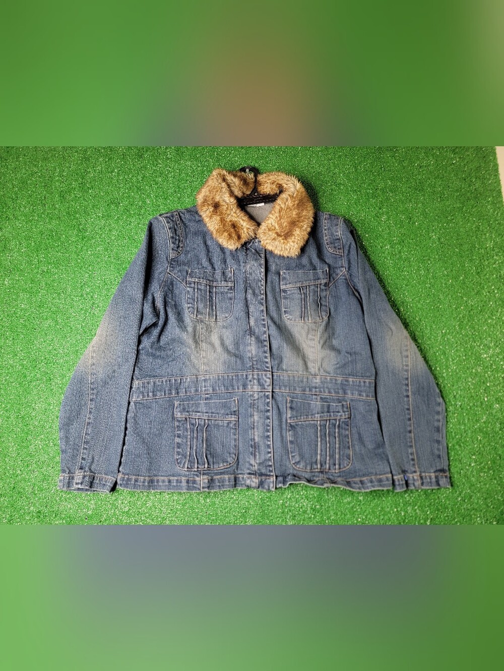 Cato Faux Fur Collar Full Zip Denim Jacket Women's Size XL Blue Brown Buttons